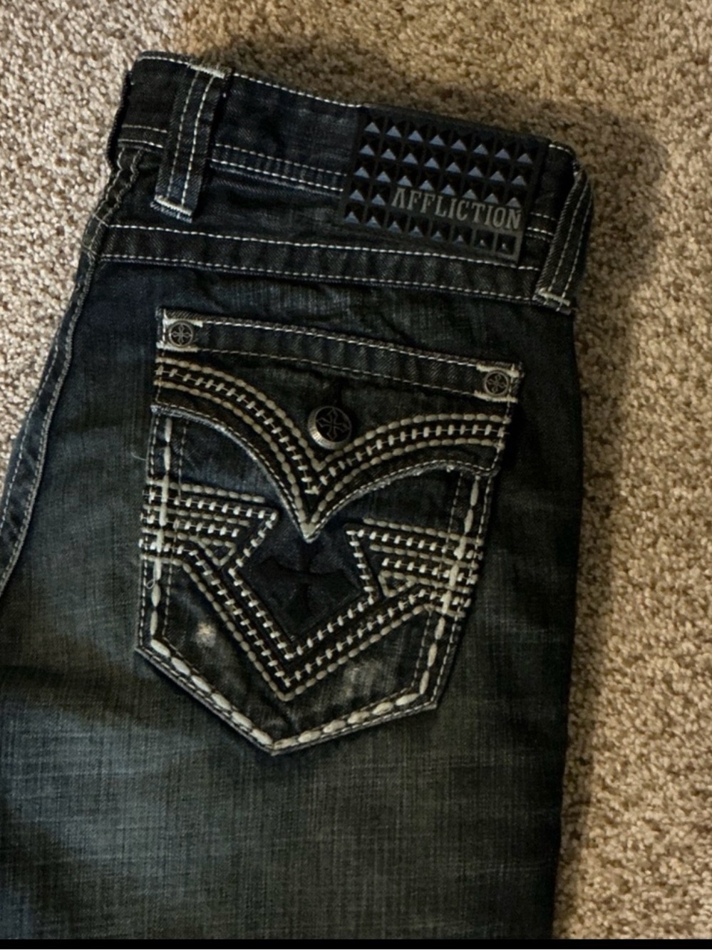 Affliction Men's Dark Wash Bootcut Jeans with Embroidered Pocket- Mens 31w